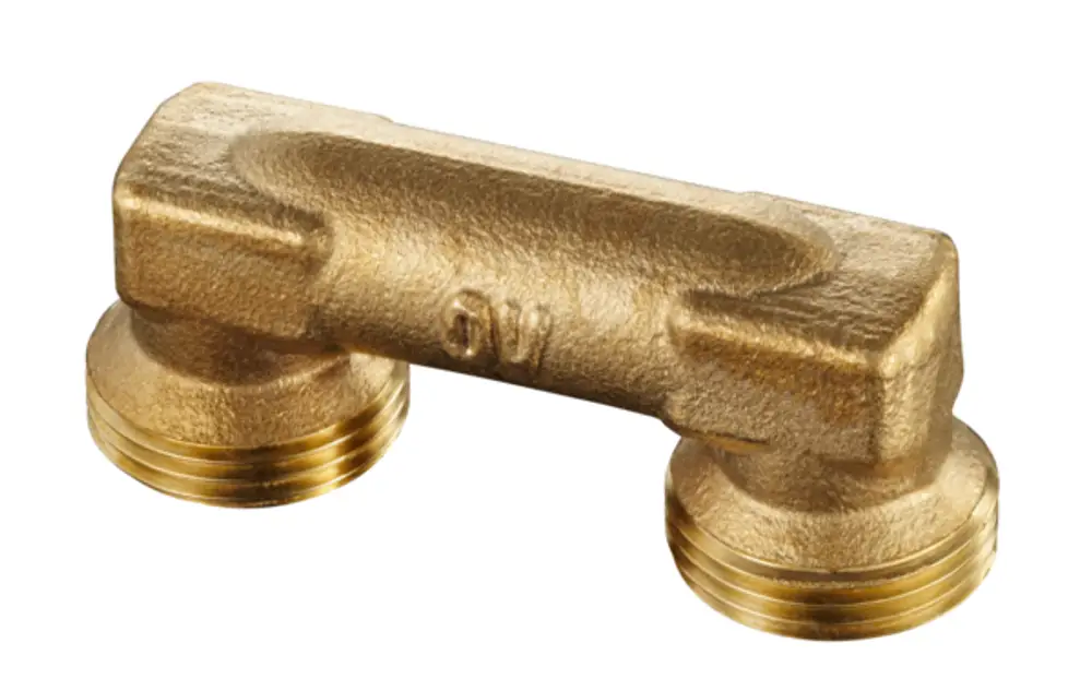 Oventrop Rohrverbindungsstück aus Messing, mit zwei Außengewinden. Die zwei Gewinde sind an den Enden des Bauteils angeordnet.